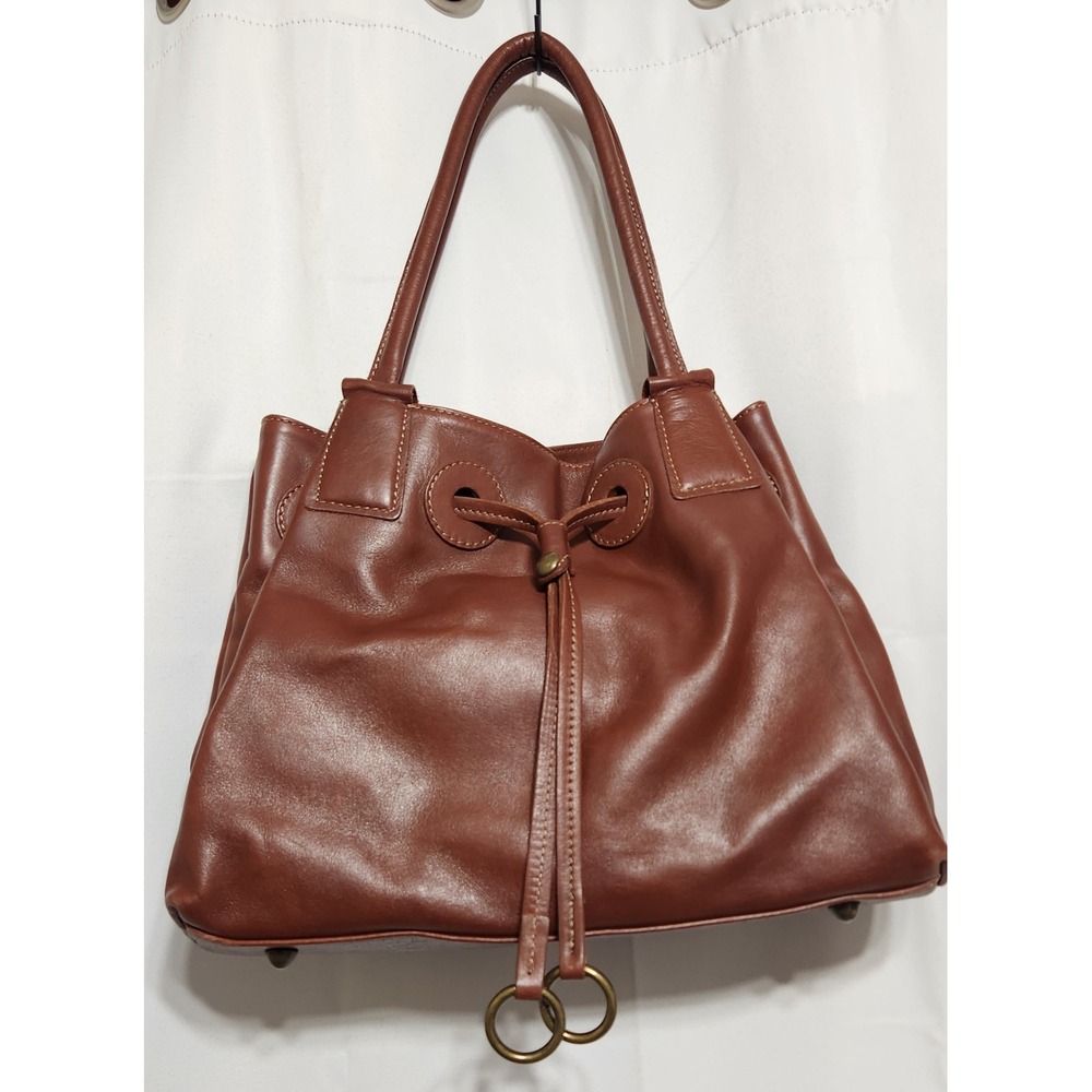 FLOTO Brown Leather Drawstring Shoulder Bag Tote Striped Lining Italian made